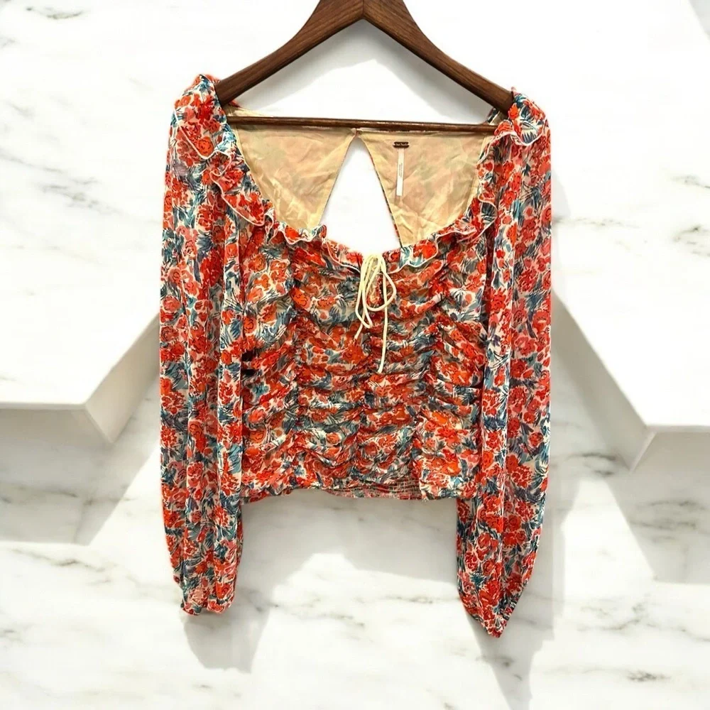 Free‎ People Mabel Printed Rose Combo Open Back Lace Up Blouse Sz L